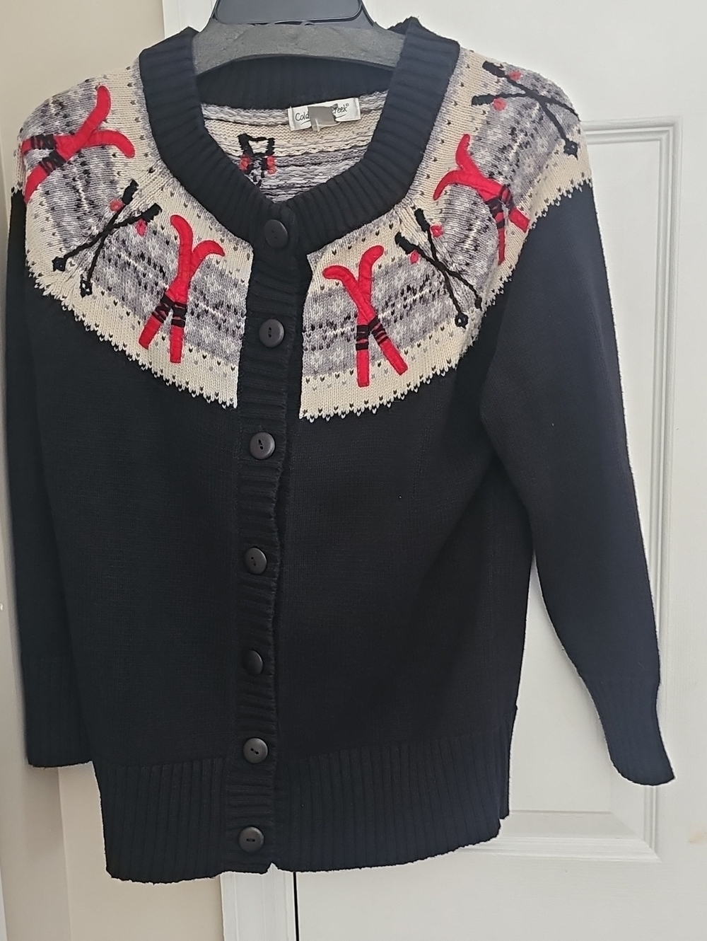 Coldwater Creek Black Cardigan with Red Ski Motif and Cream Yoke